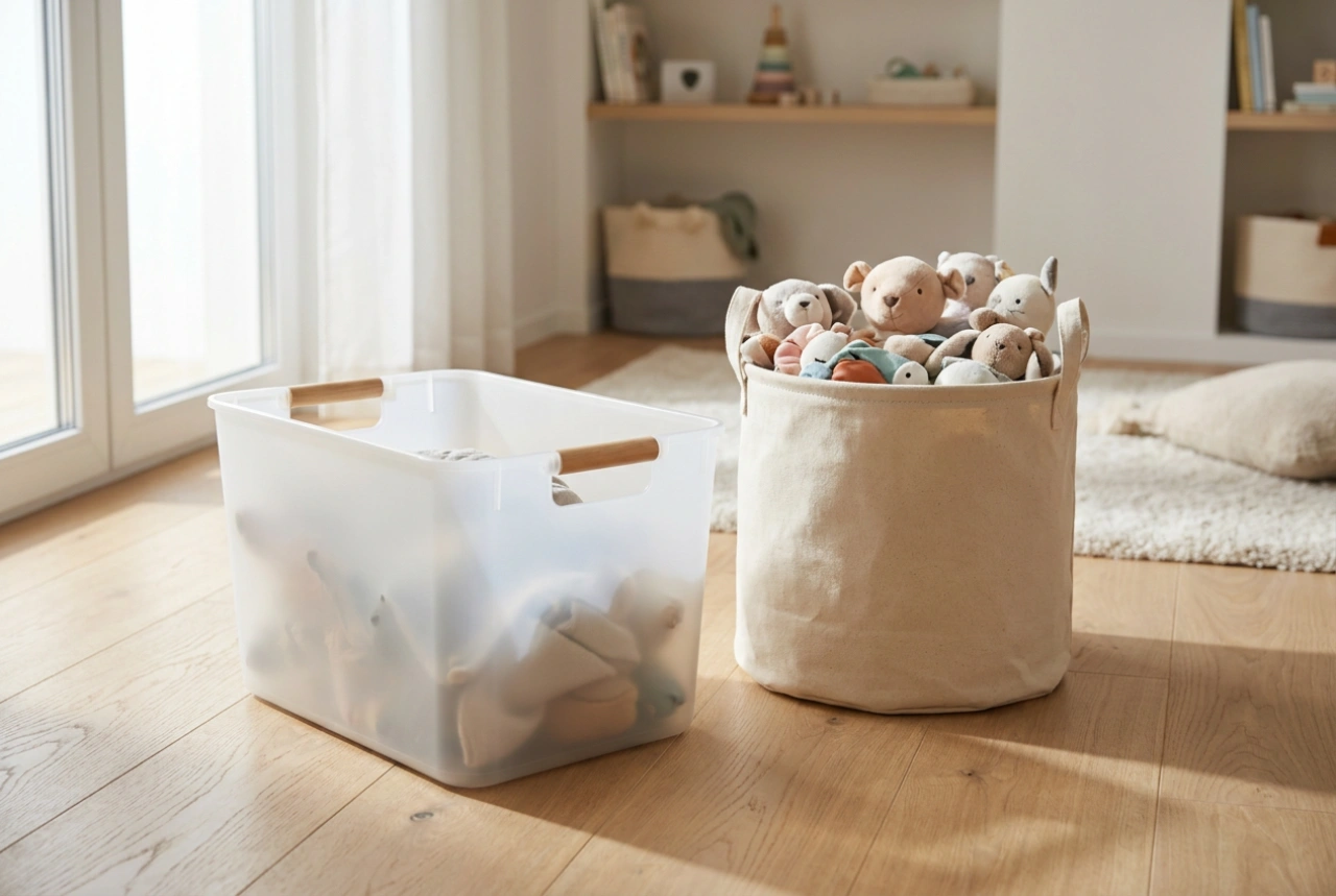 Cajas de plástico para juguetes y un sistema de organización sencillo para niños
