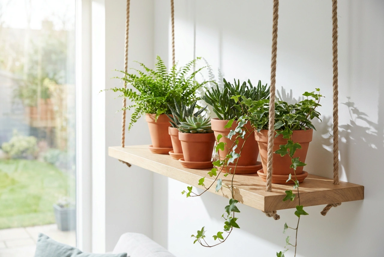 Estante colgante para plantas y orden seguro junto a la ventana
