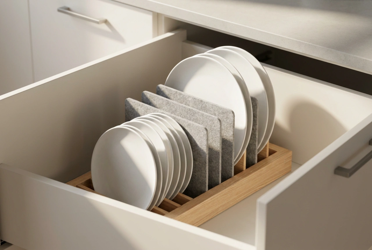 Cómo organizar platos en cajones con soporte sin astillar los bordes