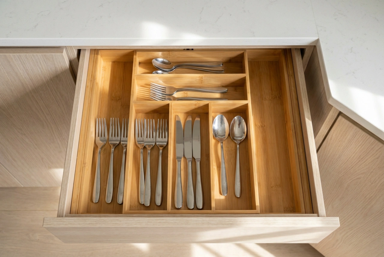 Organizadores de cubiertos ajustables y el orden flexible en el cajón de la cocina