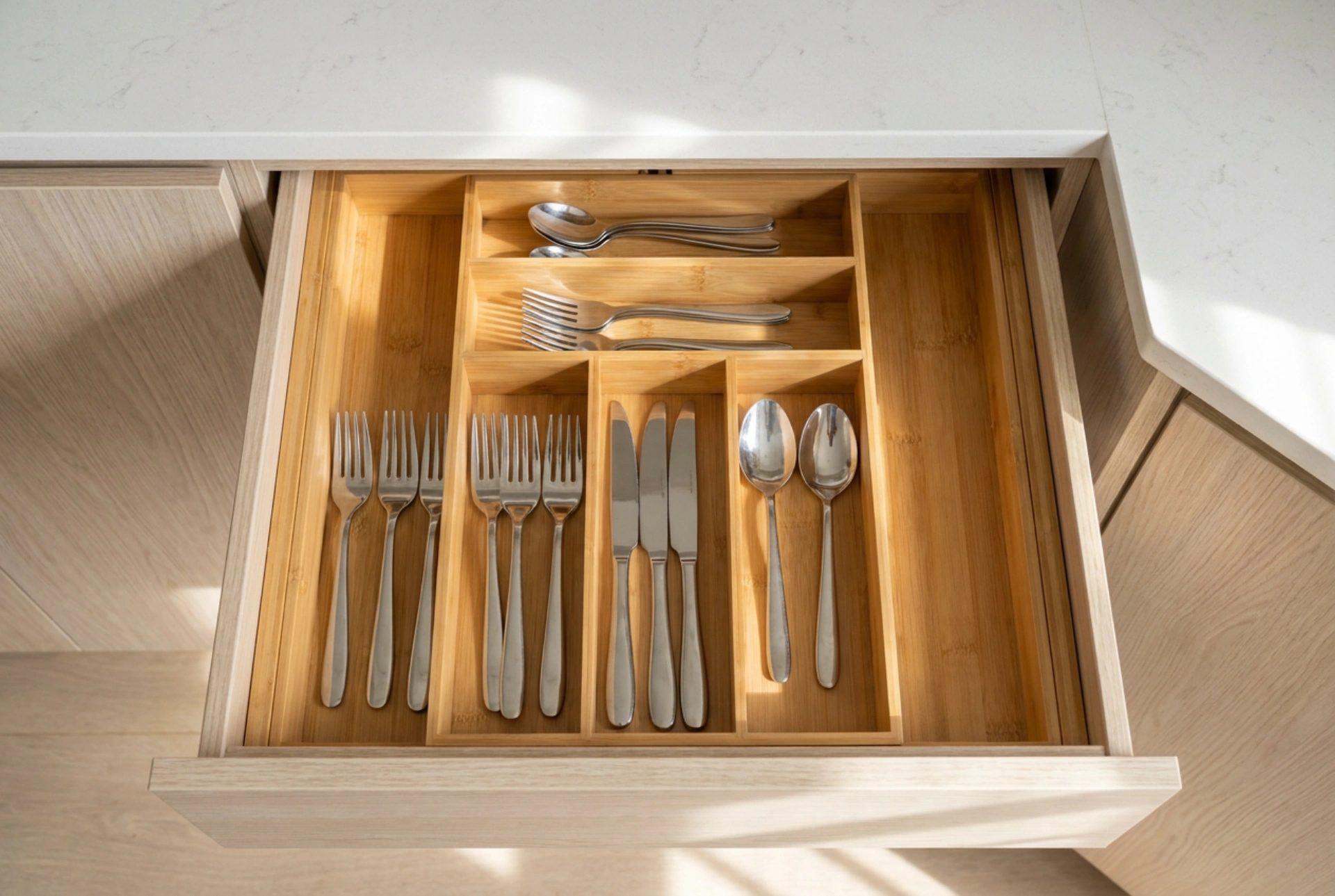 Organizadores de cubiertos ajustables y el orden flexible en el cajón de la cocina