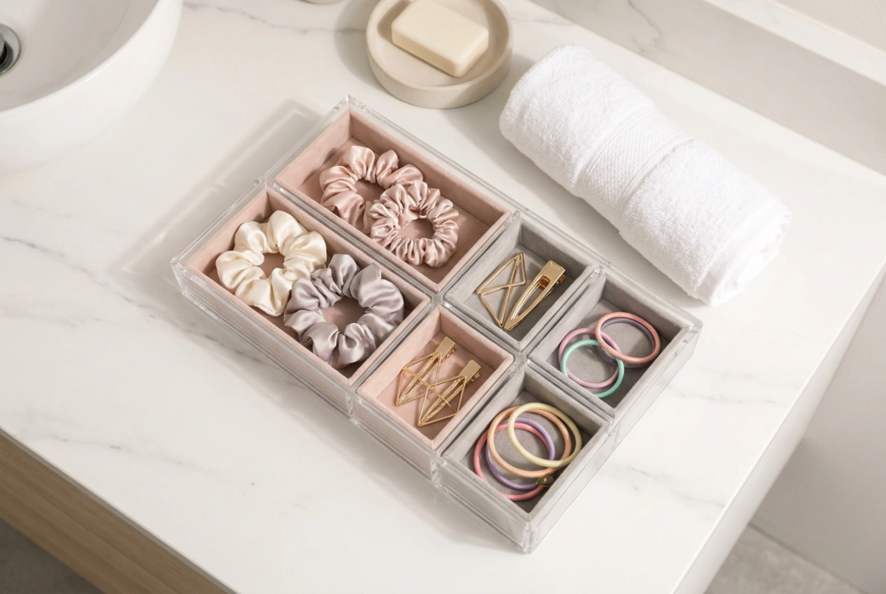 Cómo organizar horquillas y gomas en un organizador de baño