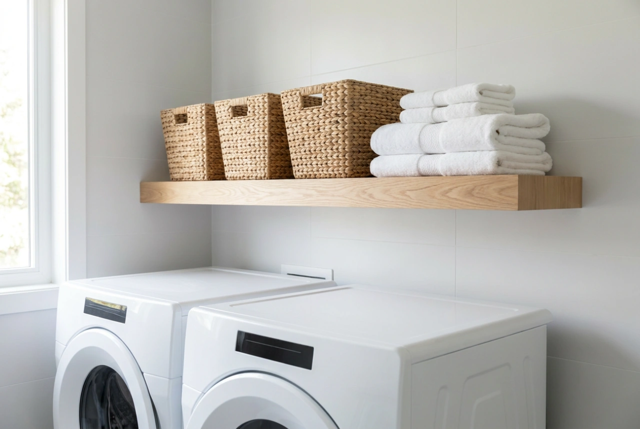 Estantes sobre la lavadora y secadora: optimización y orden en la zona de lavado