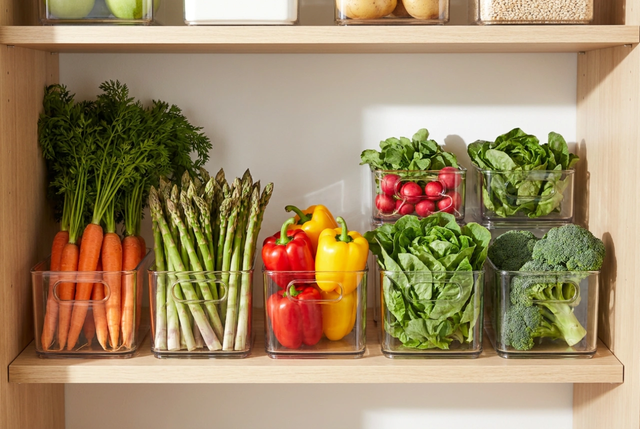 Distribución eficiente de cajas de plástico para verduras en la despensa