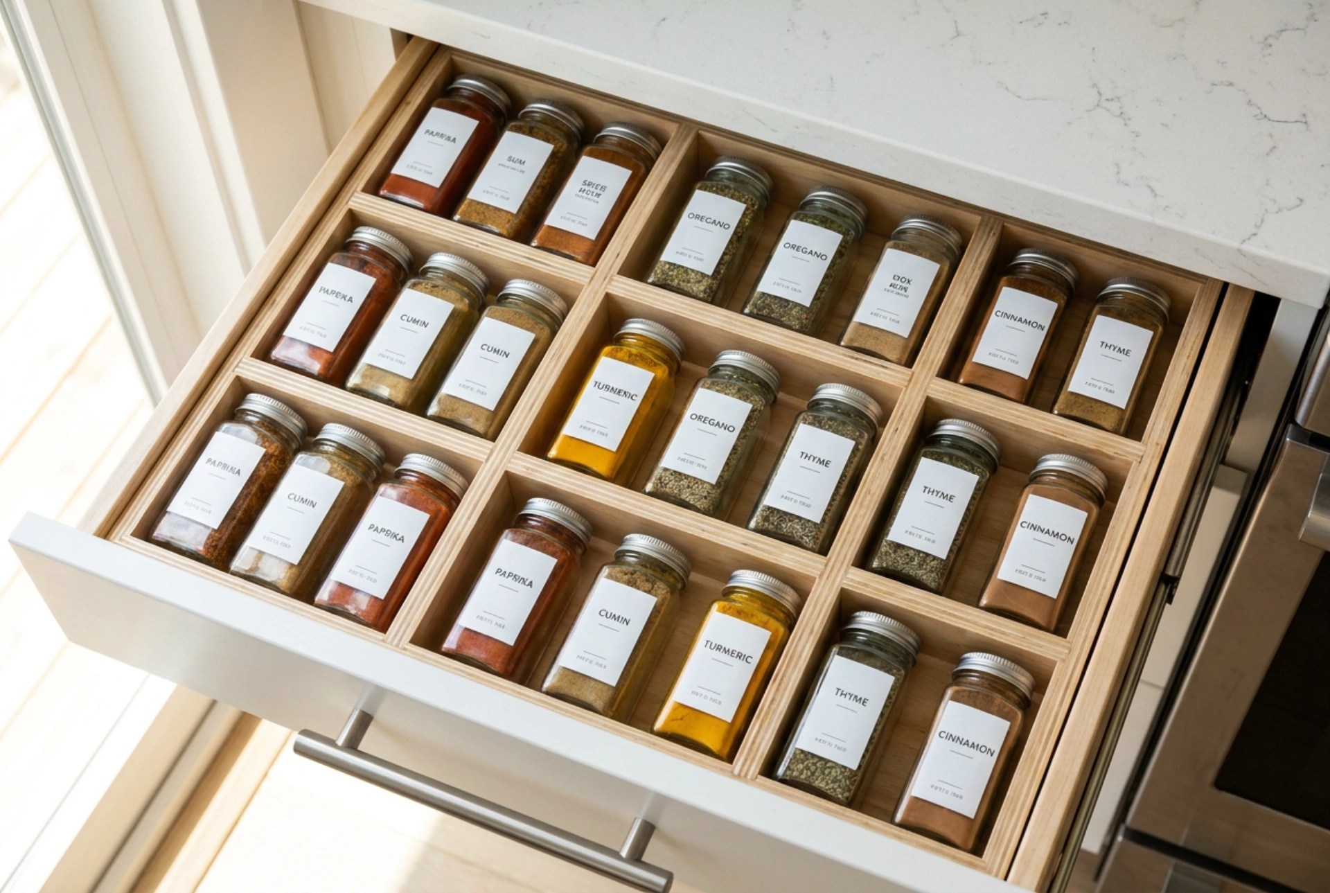 Etiquetas para tarros de especias y organización visual del cajón de la cocina