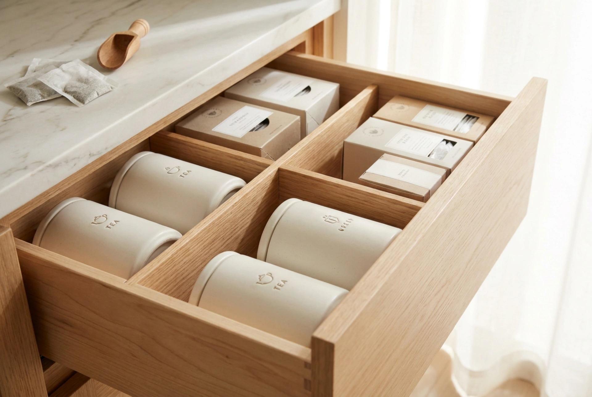 Distribución práctica del organizador de café y té en la cocina