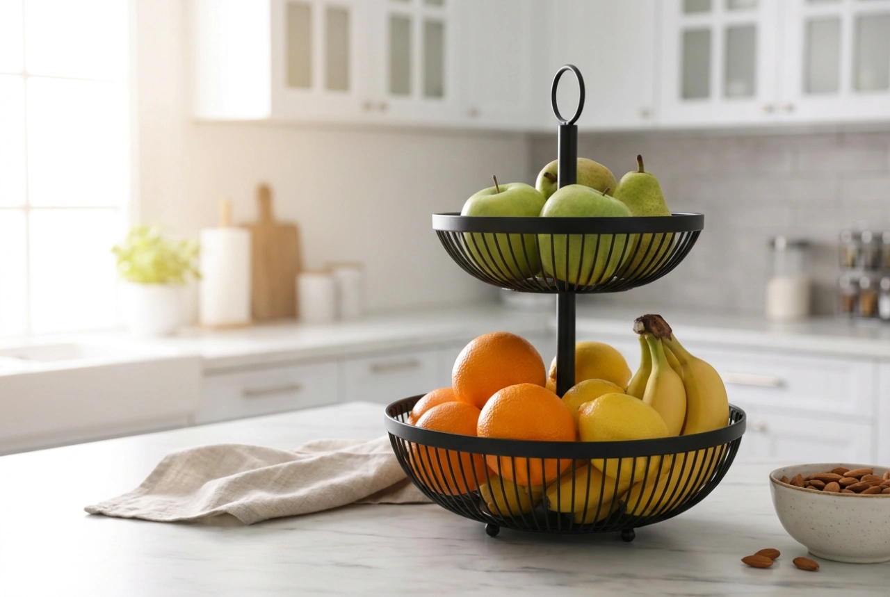 Organización eficaz de frutas en un frutero de varios niveles