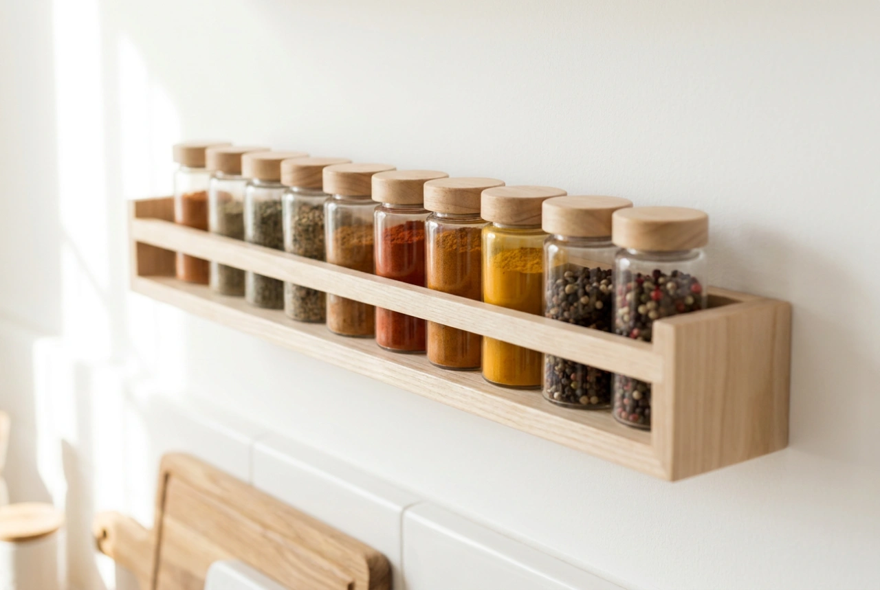 Especiero de madera y organización visual de las especias en la cocina