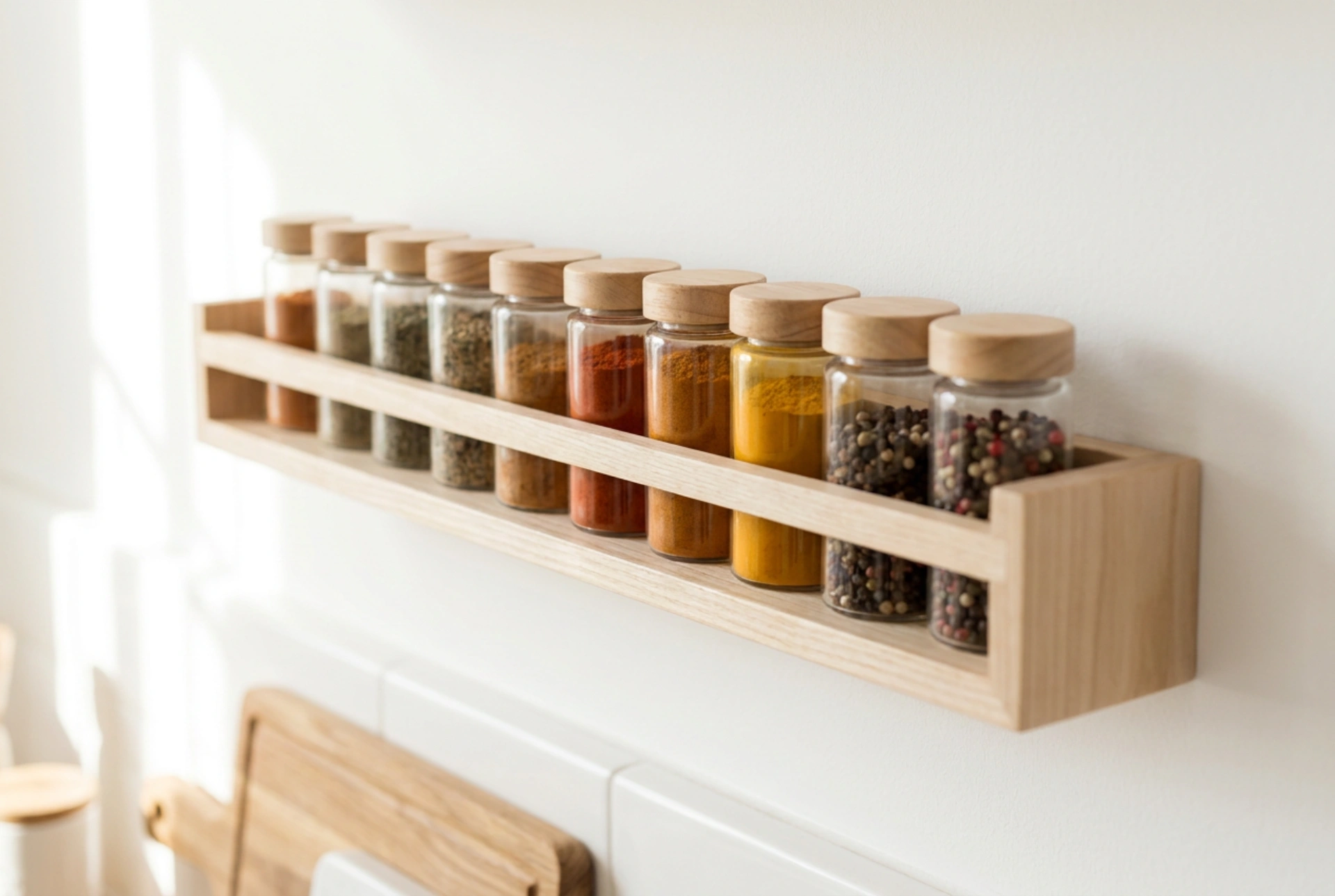 Especiero de madera y organización visual de las especias en la cocina