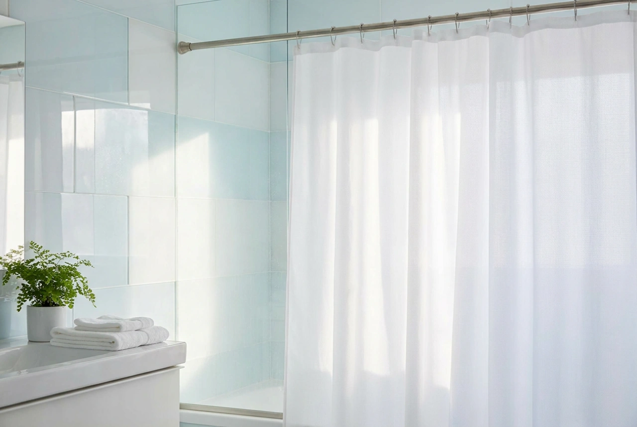 Cortina de ducha sobre la bañera sin manchas de agua ni moho