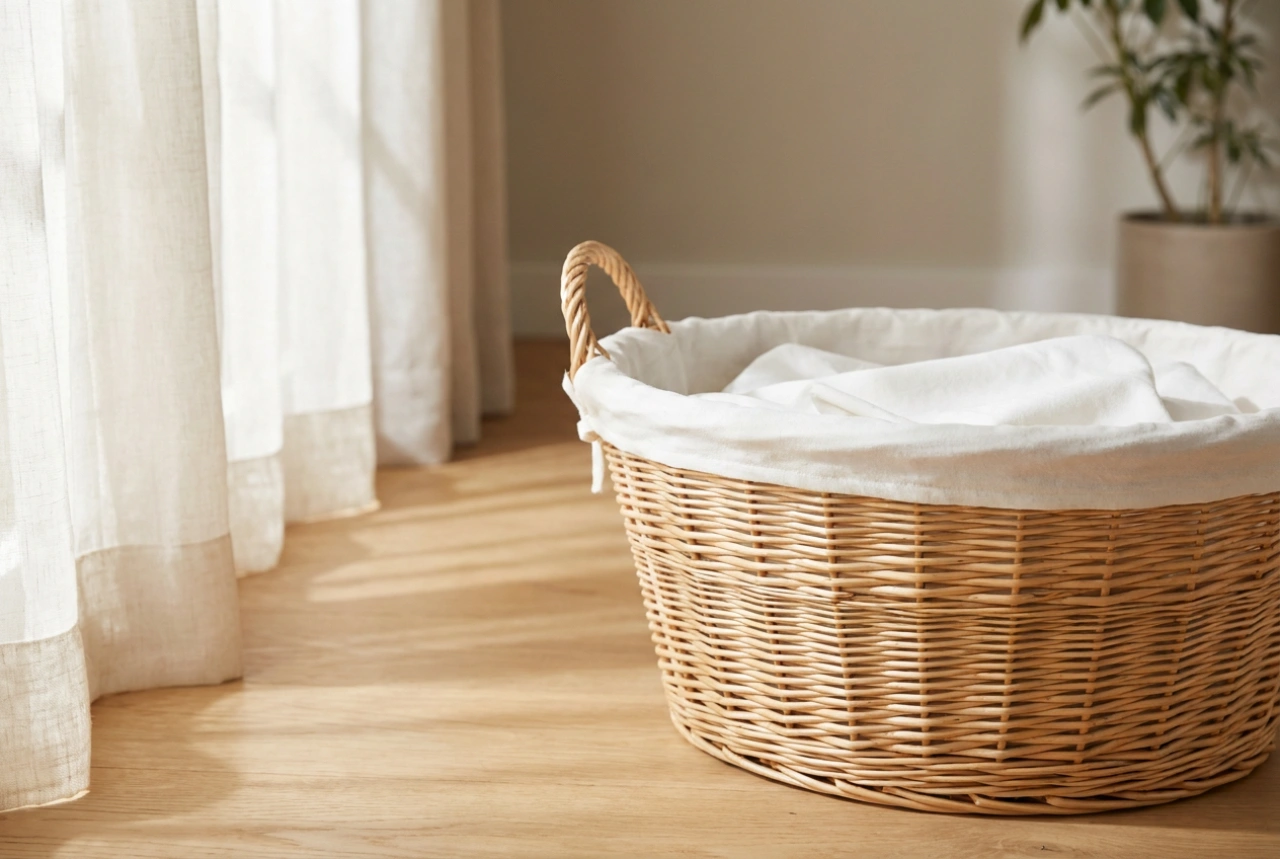 La cesta de mimbre para la ropa sucia y la espera higiénica antes del lavado