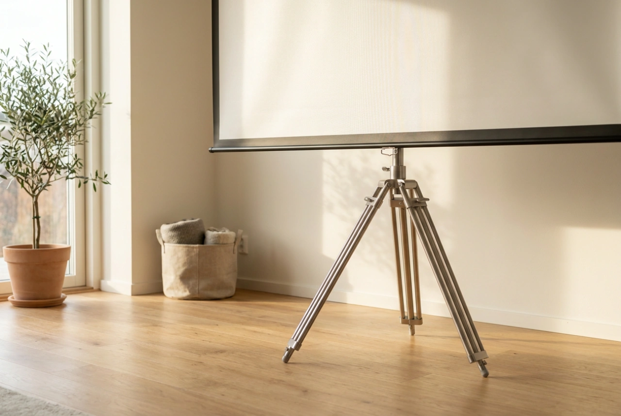 Cómo desplegar una pantalla de proyección con trípode en el salón de forma estable