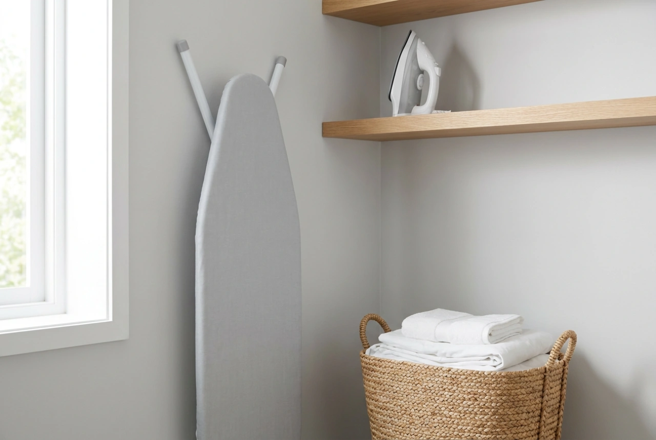 Tabla de planchar abatible de pared en un cuarto de lavado pequeño