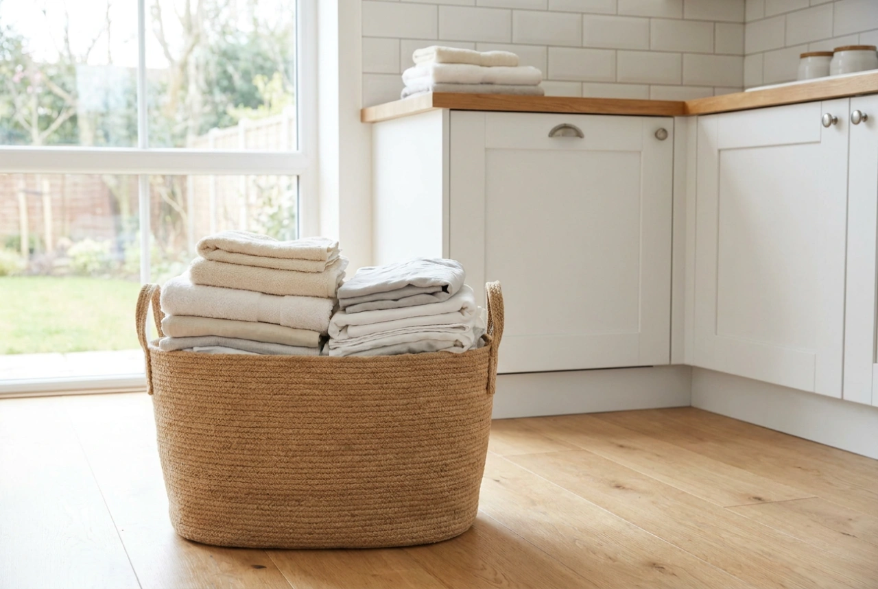 Gran cesto de ropa sucia en el hogar familiar y la cómoda segregación de textiles