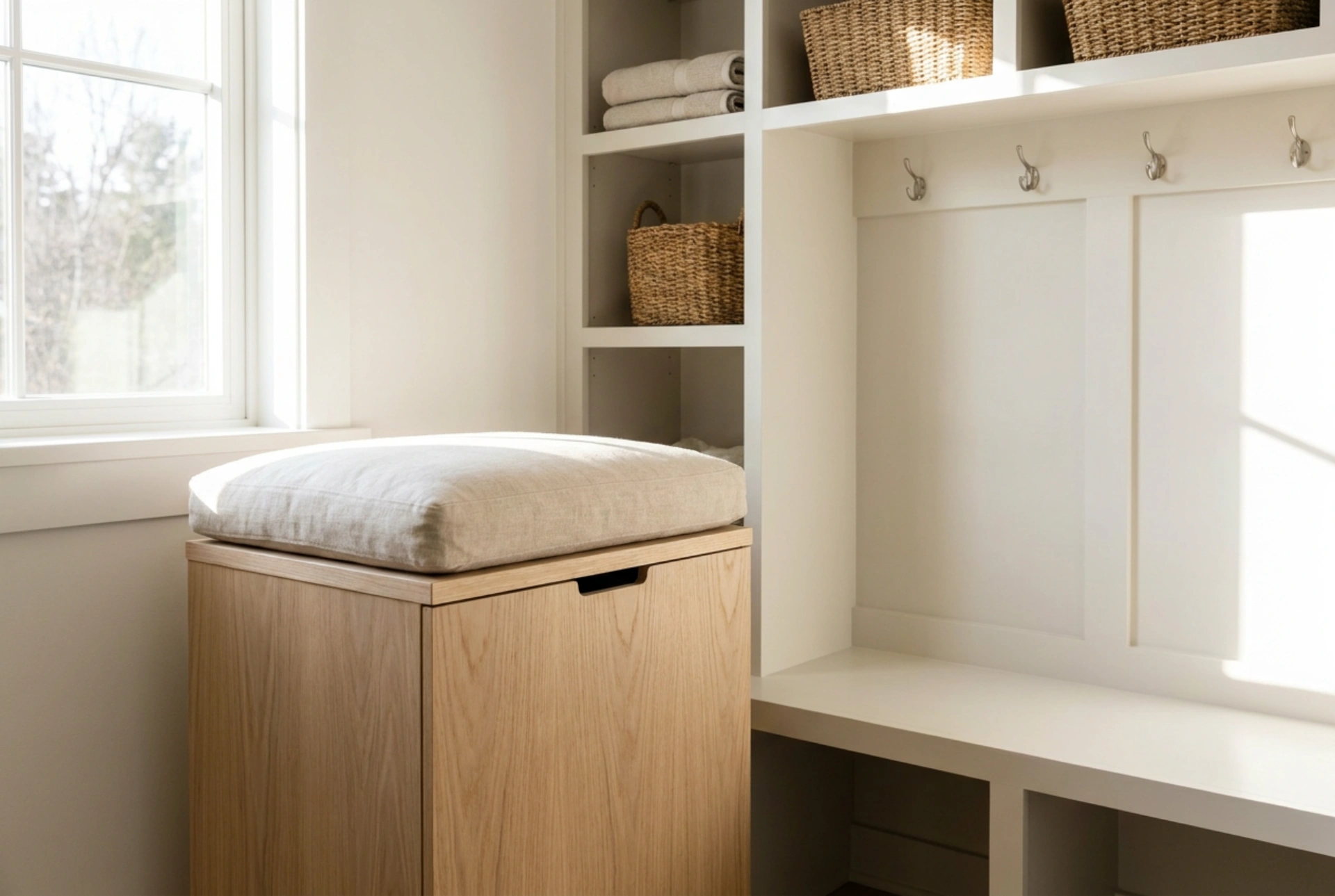 Cesto de ropa sucia con asiento y la optimización práctica del espacio