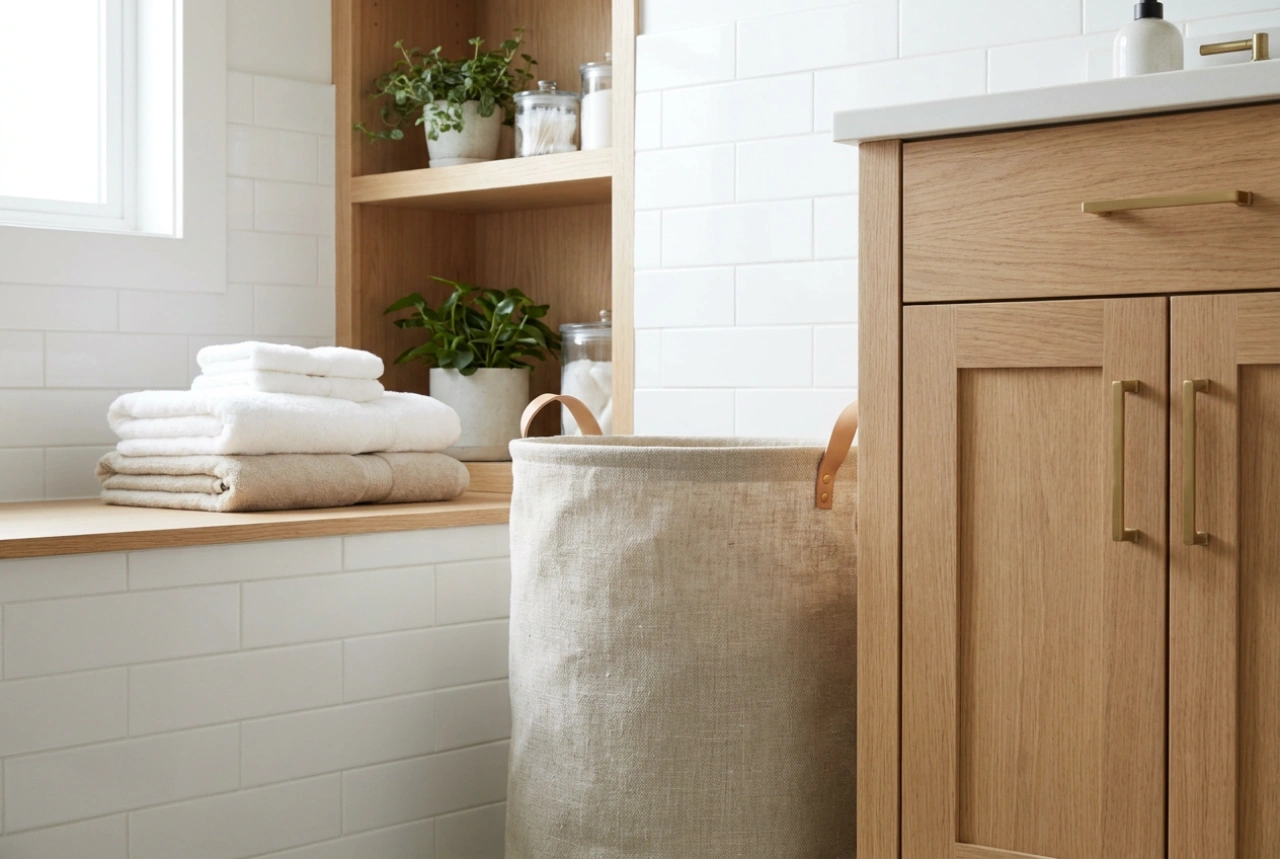 El cesto de ropa moderno en un baño práctico y funcional