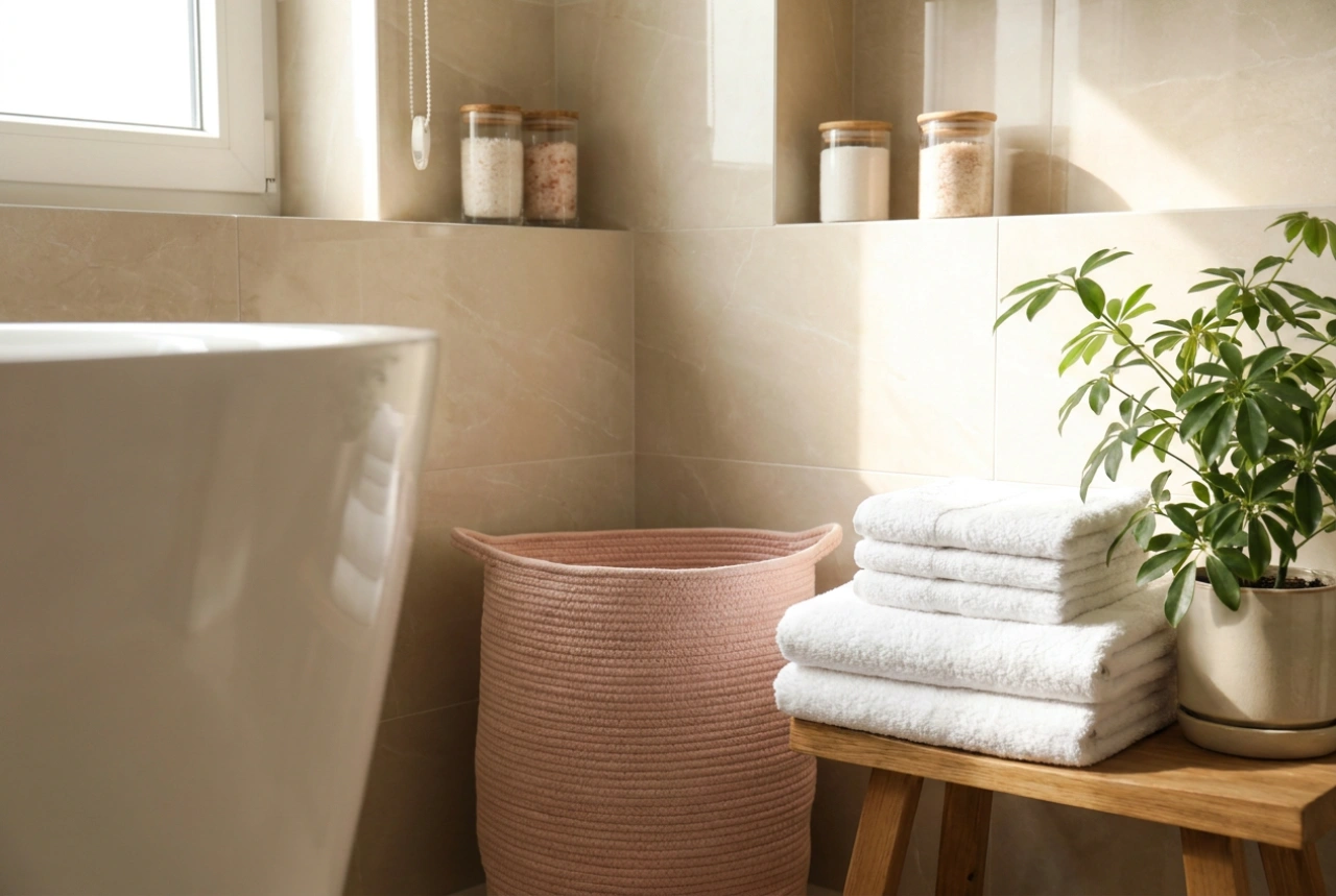 Cómo integrar un cesto de ropa rosa en un baño práctico