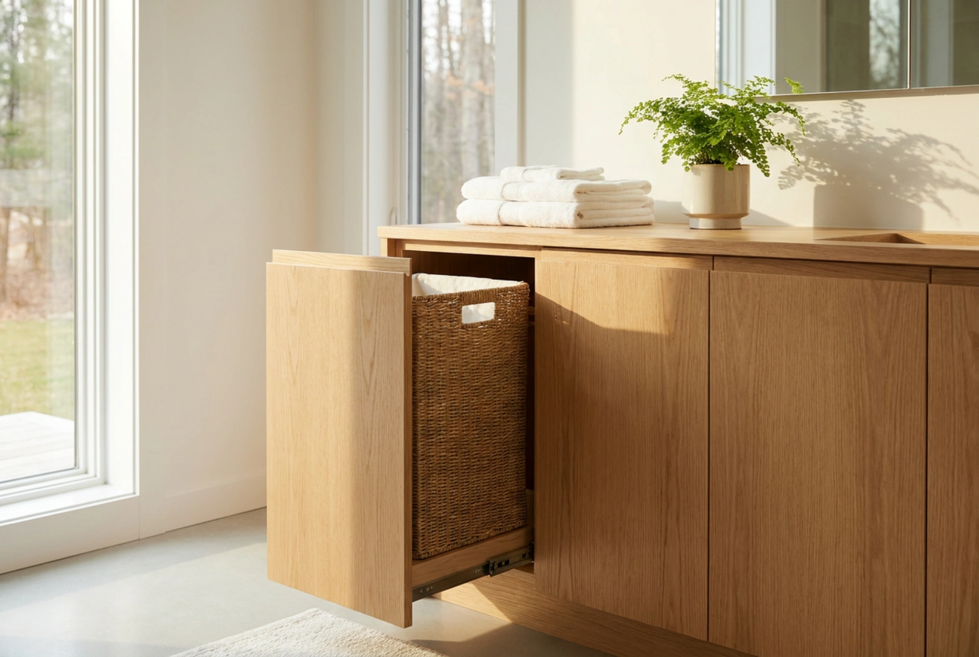 Muebles con cesto de ropa integrado para la organización del baño