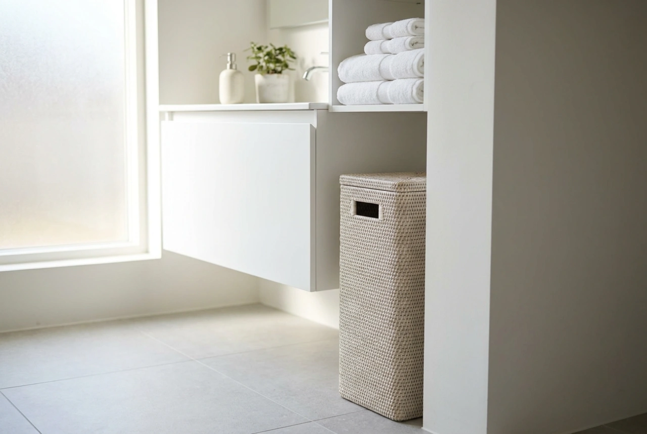 El cesto de ropa plano como solución de orden en baños pequeños