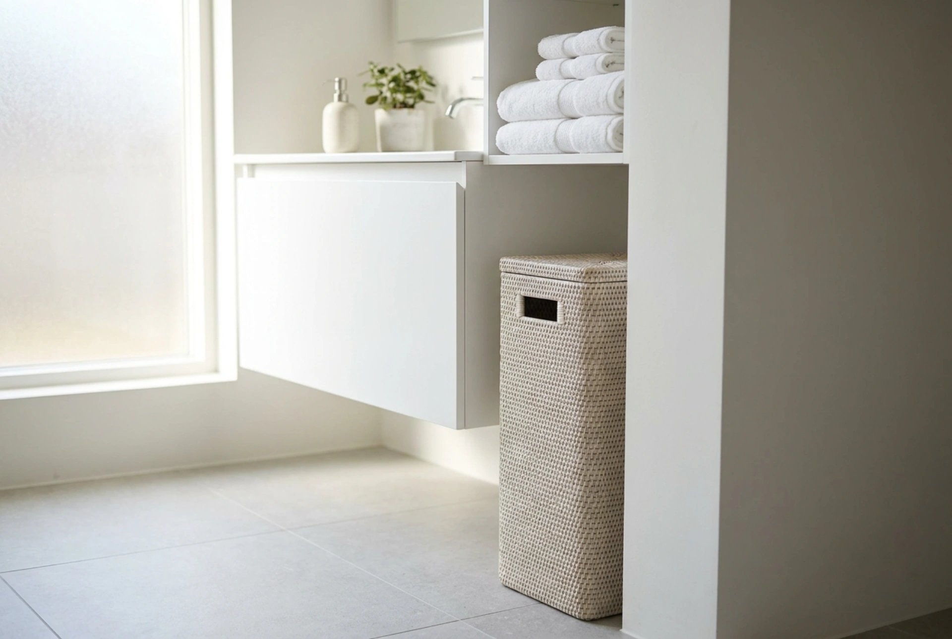 El cesto de ropa plano como solución de orden en baños pequeños