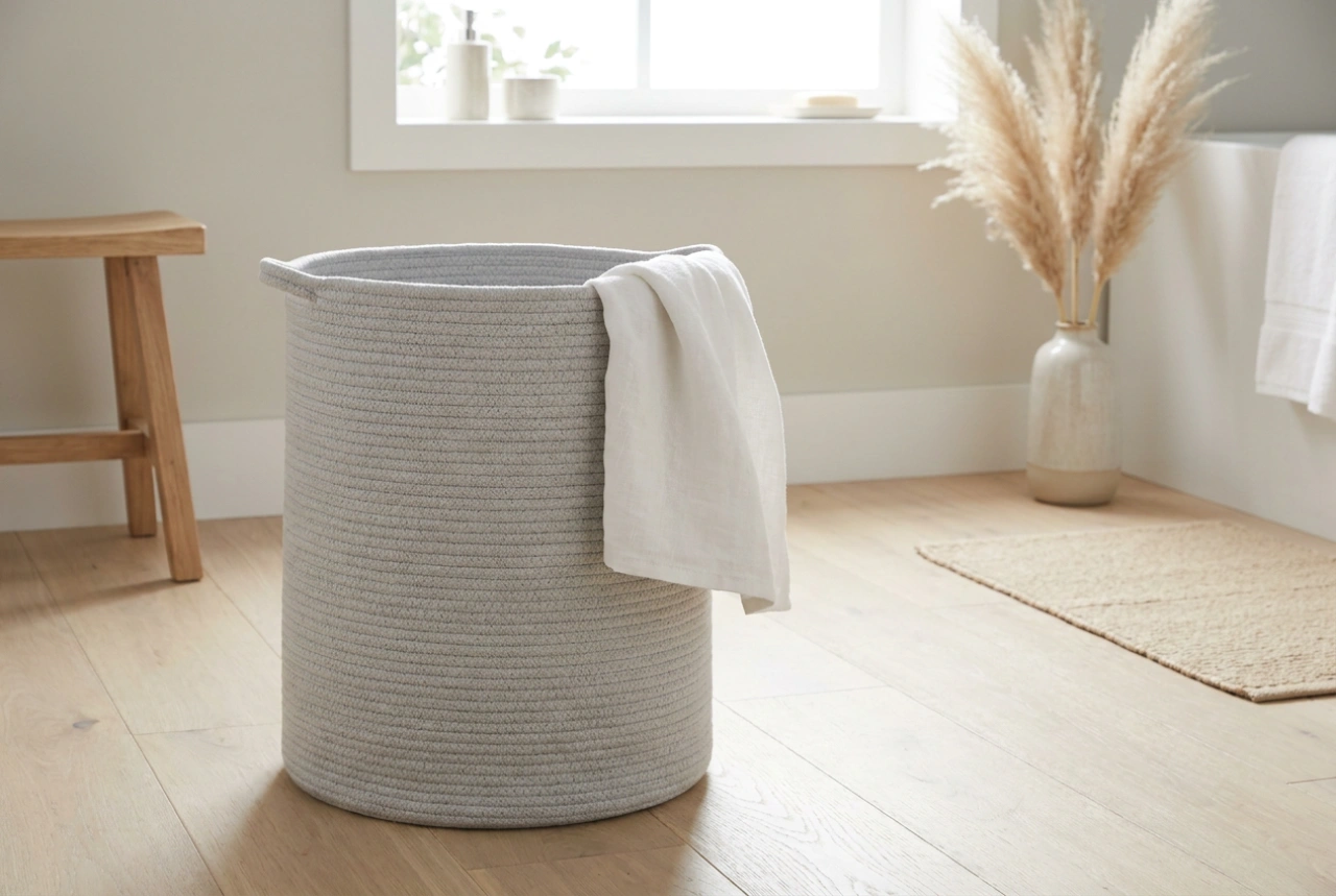 Cesto de ropa gris como elemento práctico de orden en el baño