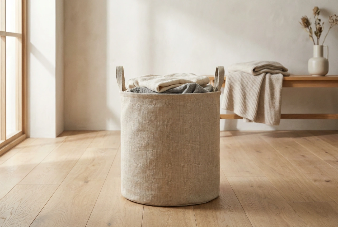 Cesto de ropa beige como clave para la organización visual en el hogar