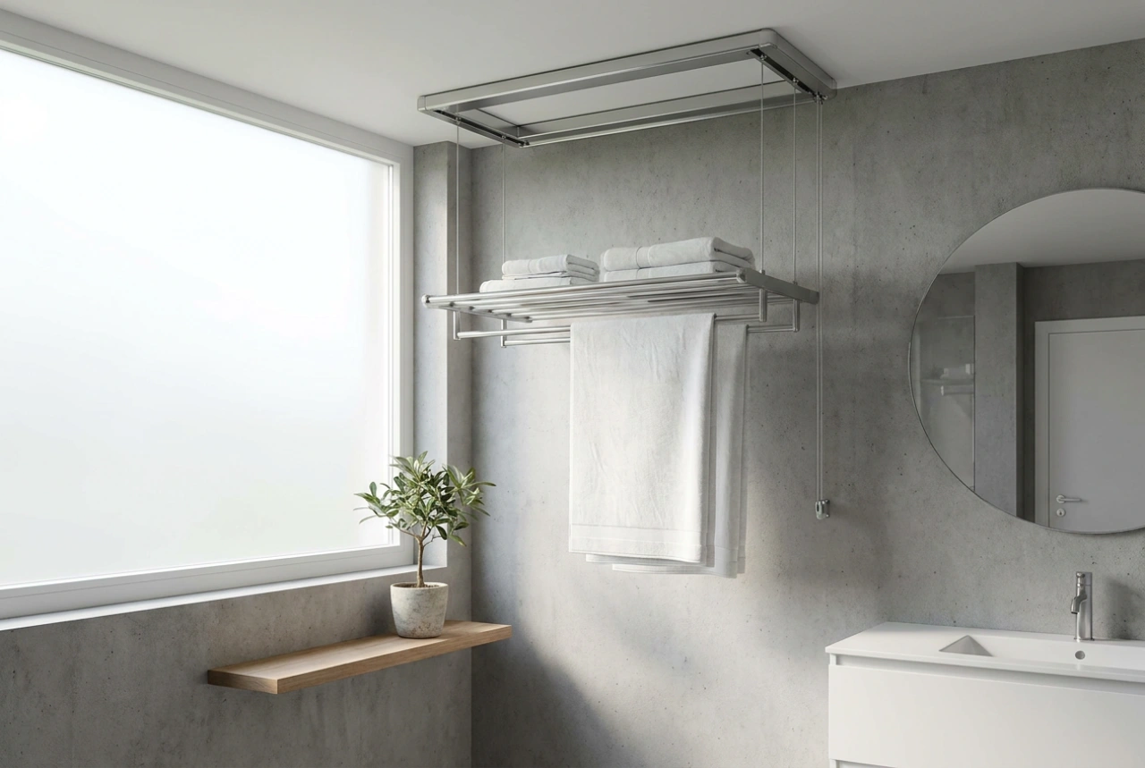 Tendederos de techo para el baño: ventilación, física del secado y comodidad