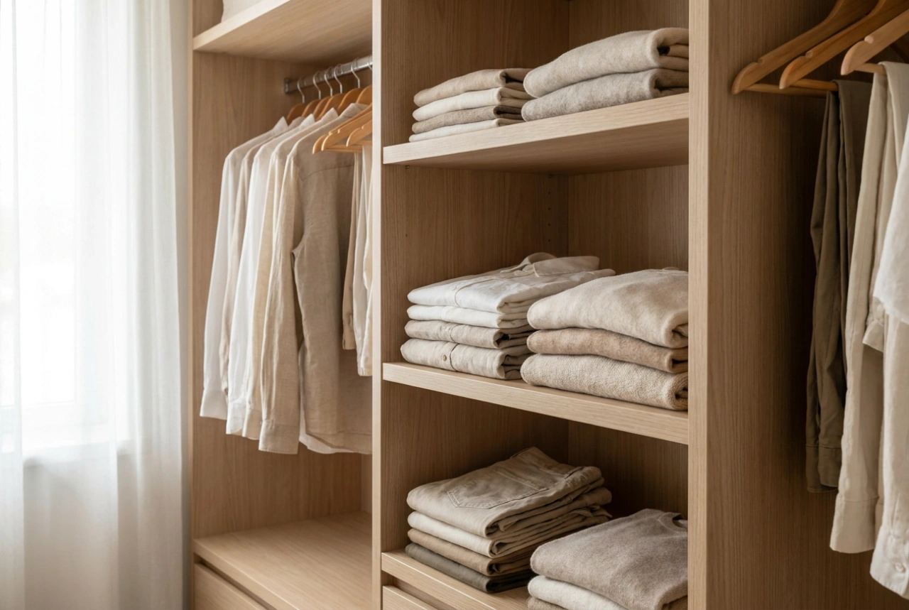 Organización de armarios de dormitorio: distribución de estantes para ropa de temporada