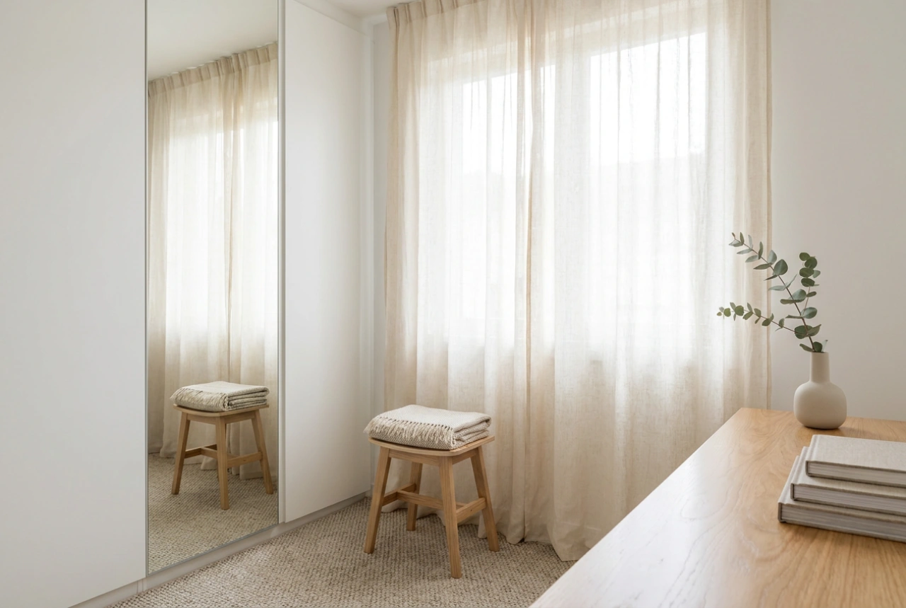 Armario blanco con espejo y trucos de diseño para dar ligereza a un dormitorio pequeño