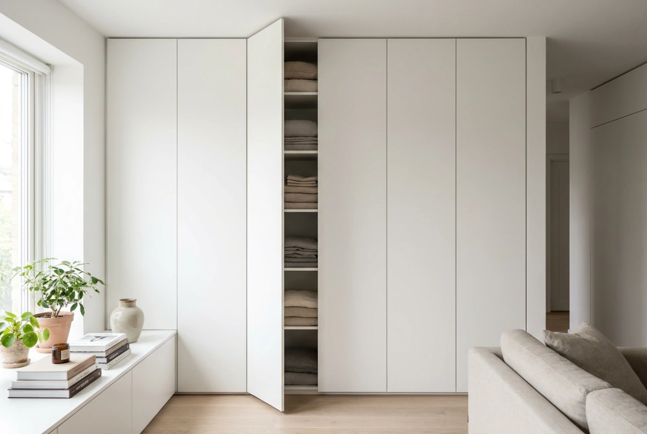 Mueble modular de pared con armario ropero y zonas ocultas para objetos de uso poco frecuente