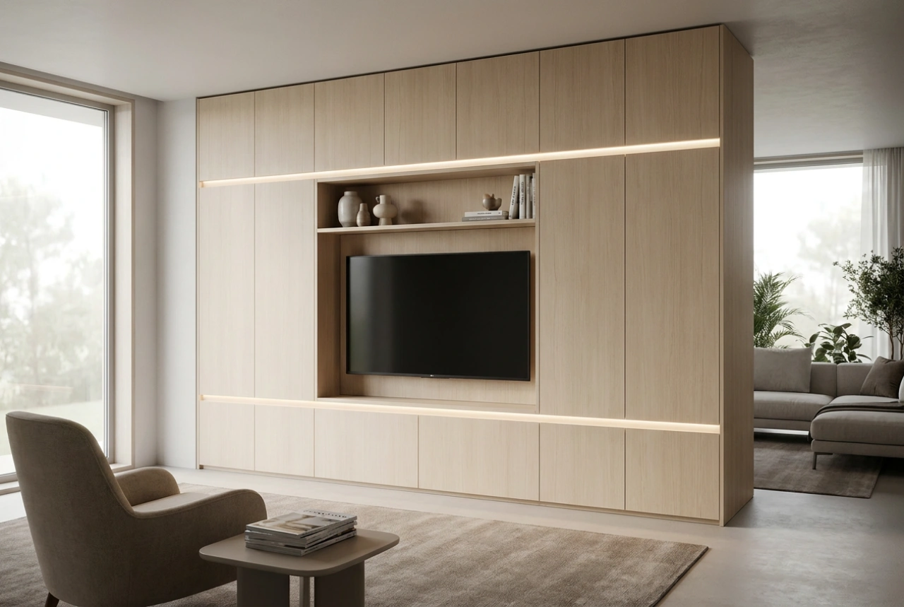 Cómo integrar un armario grande con espacio para la televisión en el salón