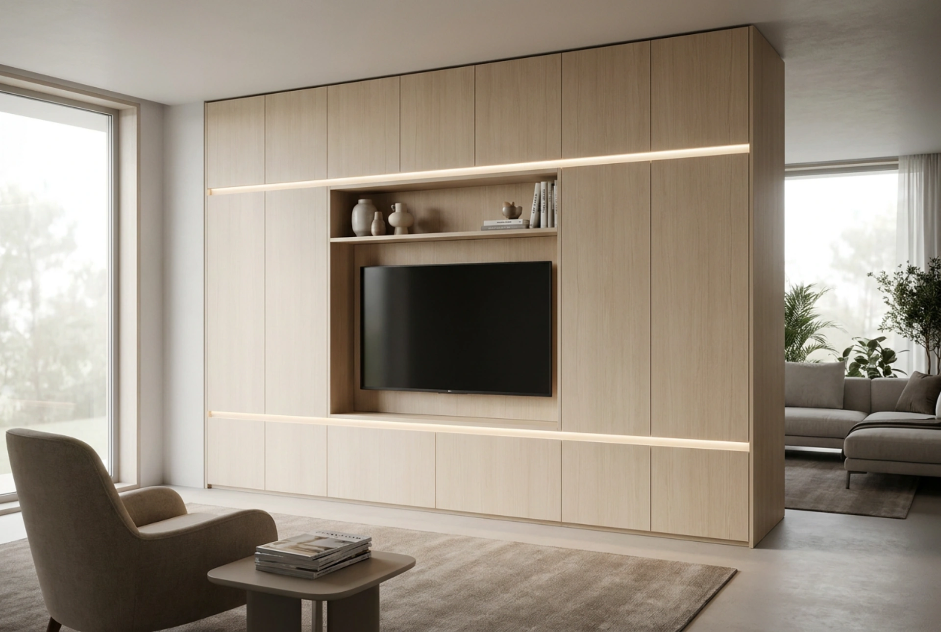 Cómo integrar un armario grande con espacio para la televisión en el salón