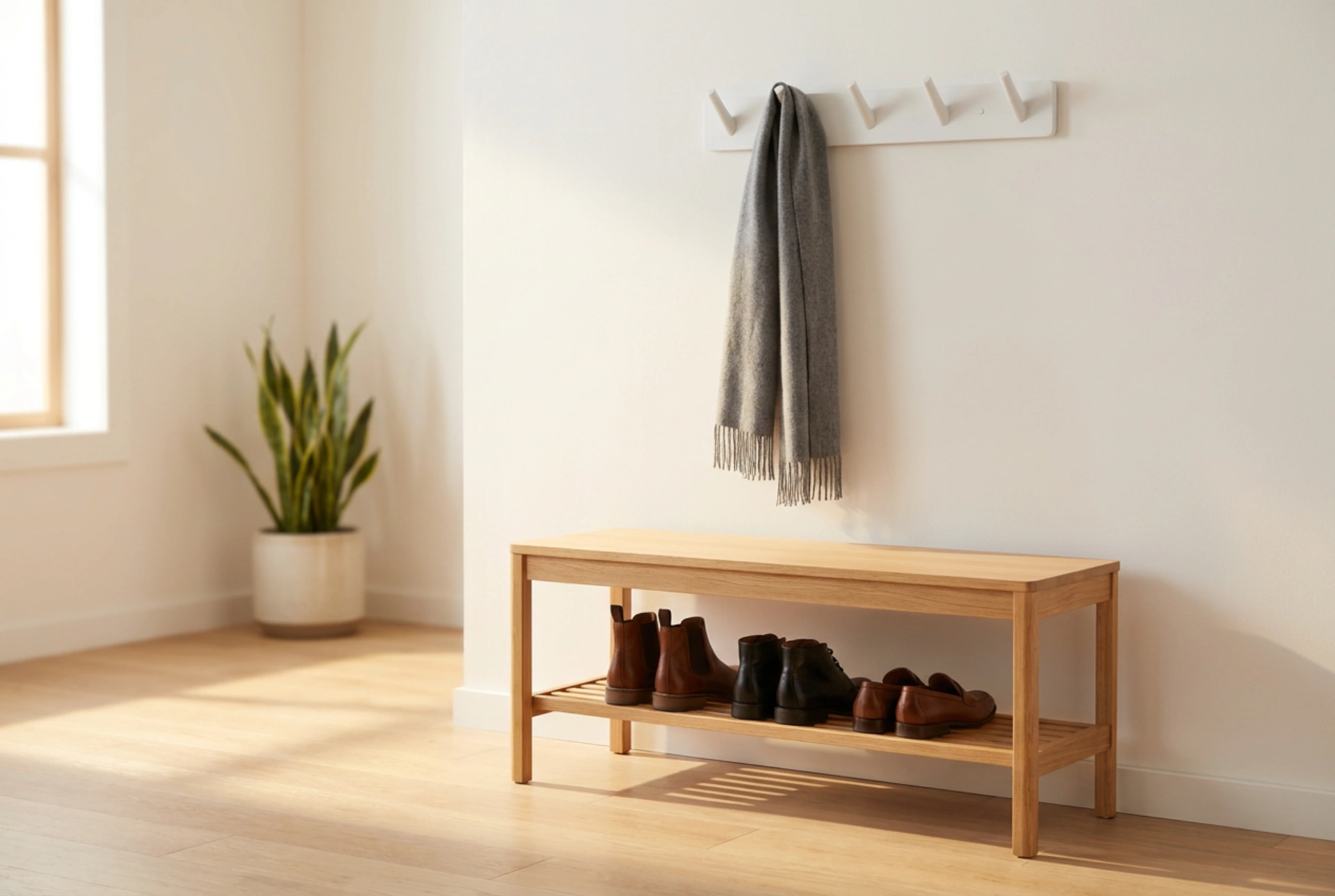 Perchero con estante para zapatos como organización compacta de la entrada