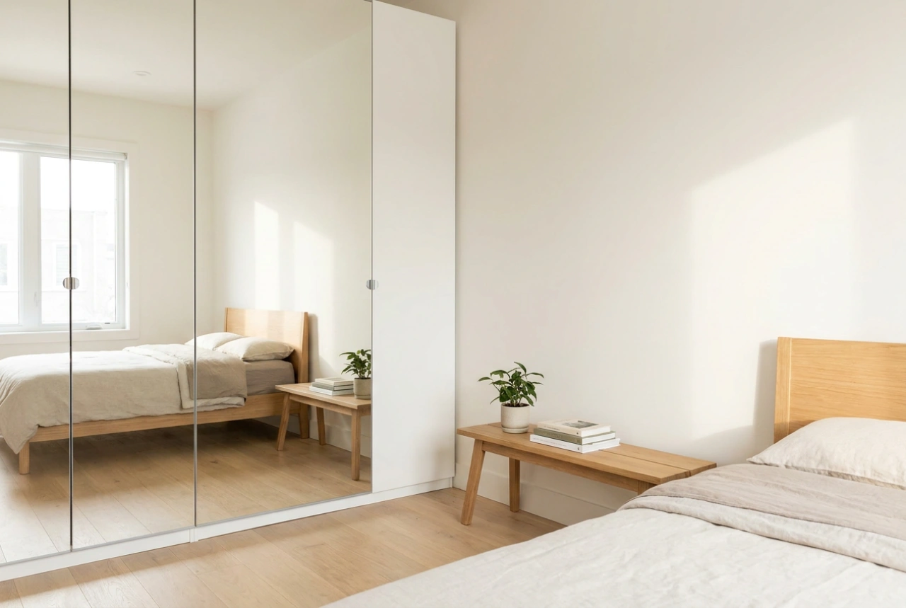 Puertas de armario con espejo y las reglas para una distribución cómoda del mobiliario