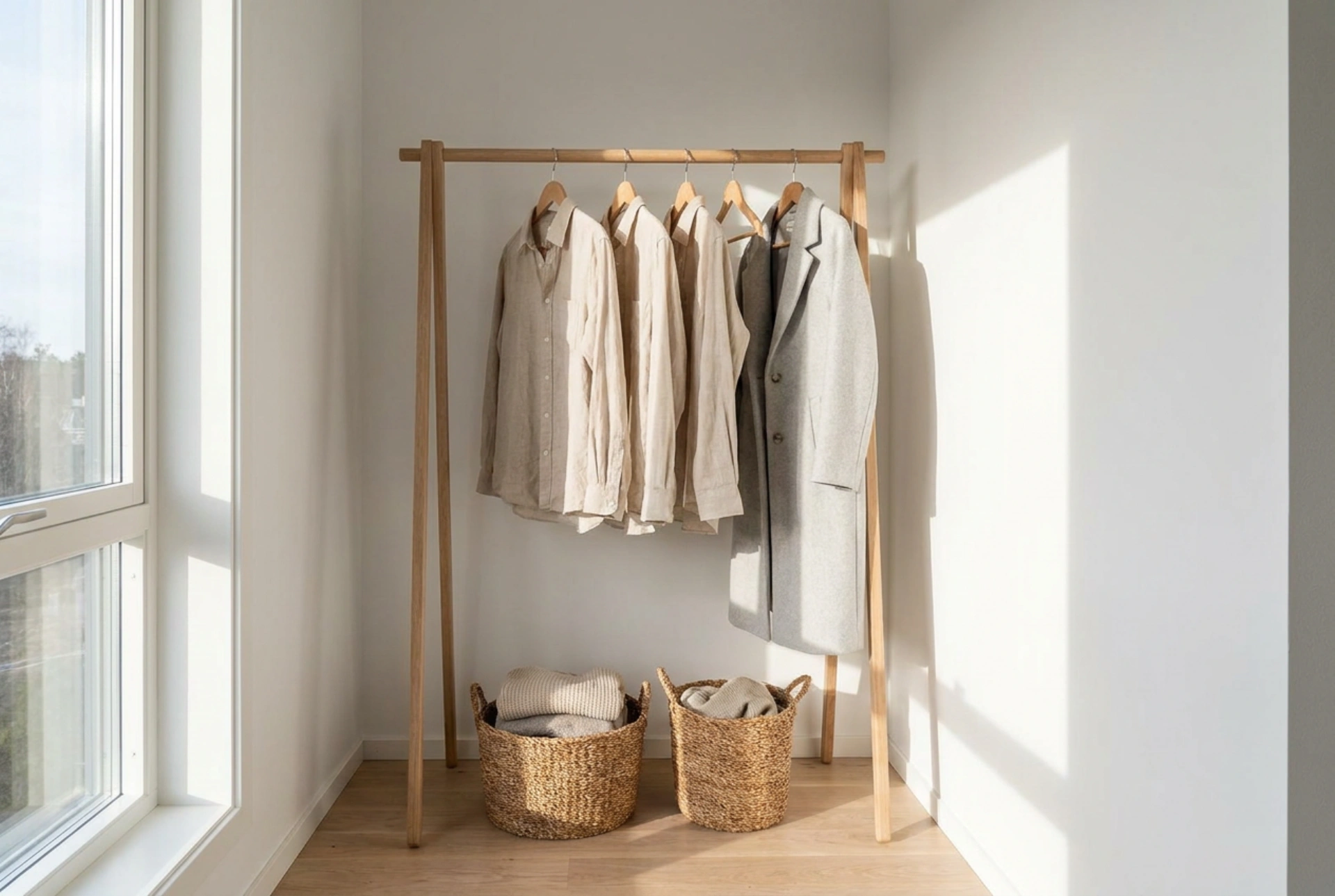 Cómo aprovechar un perchero de madera de pie en un vestidor pequeño