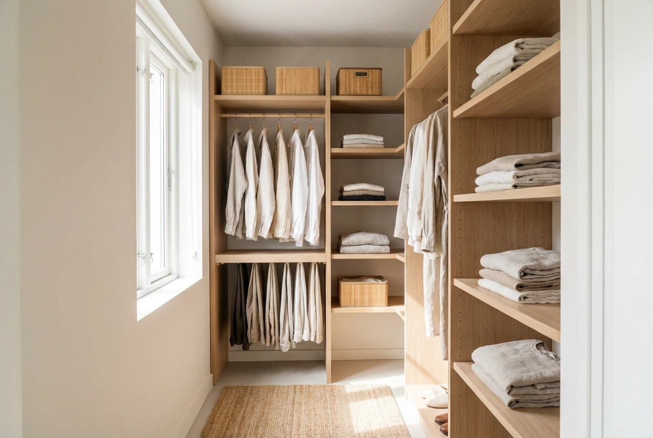 Cómo organizar un vestidor estrecho en el dormitorio sin perder espacio para la cama