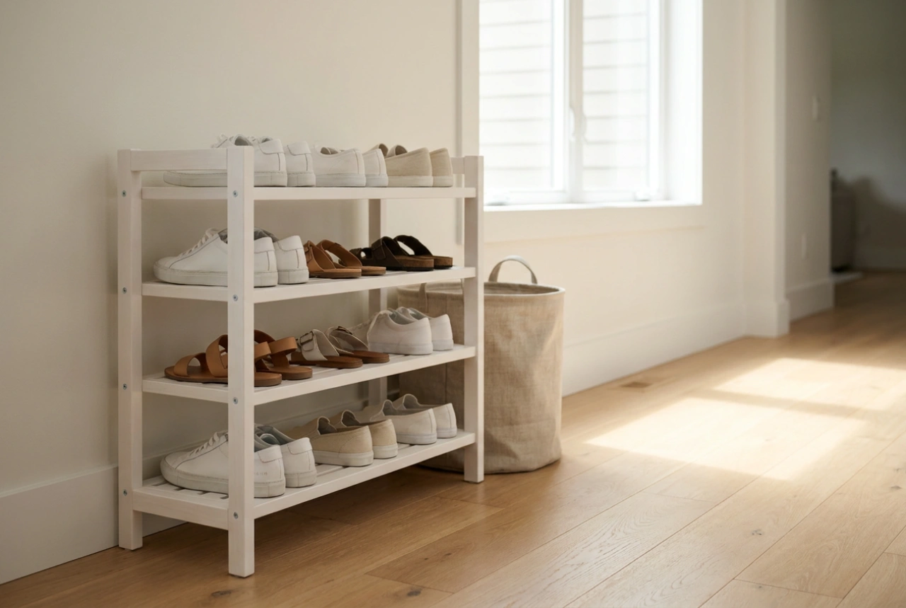 Estante para zapatos blanco en un recibidor luminoso: claves para mantener el orden y la limpieza