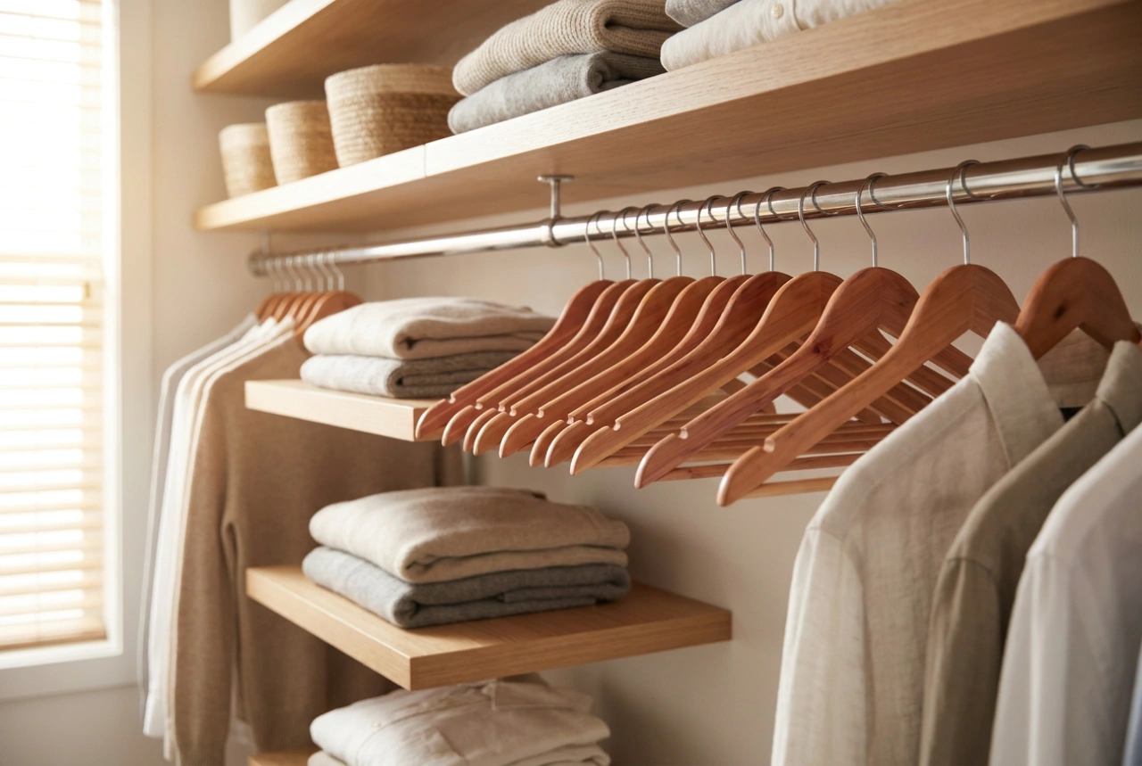 Perchas de madera para ropa y el método para lograr una línea uniforme en el armario