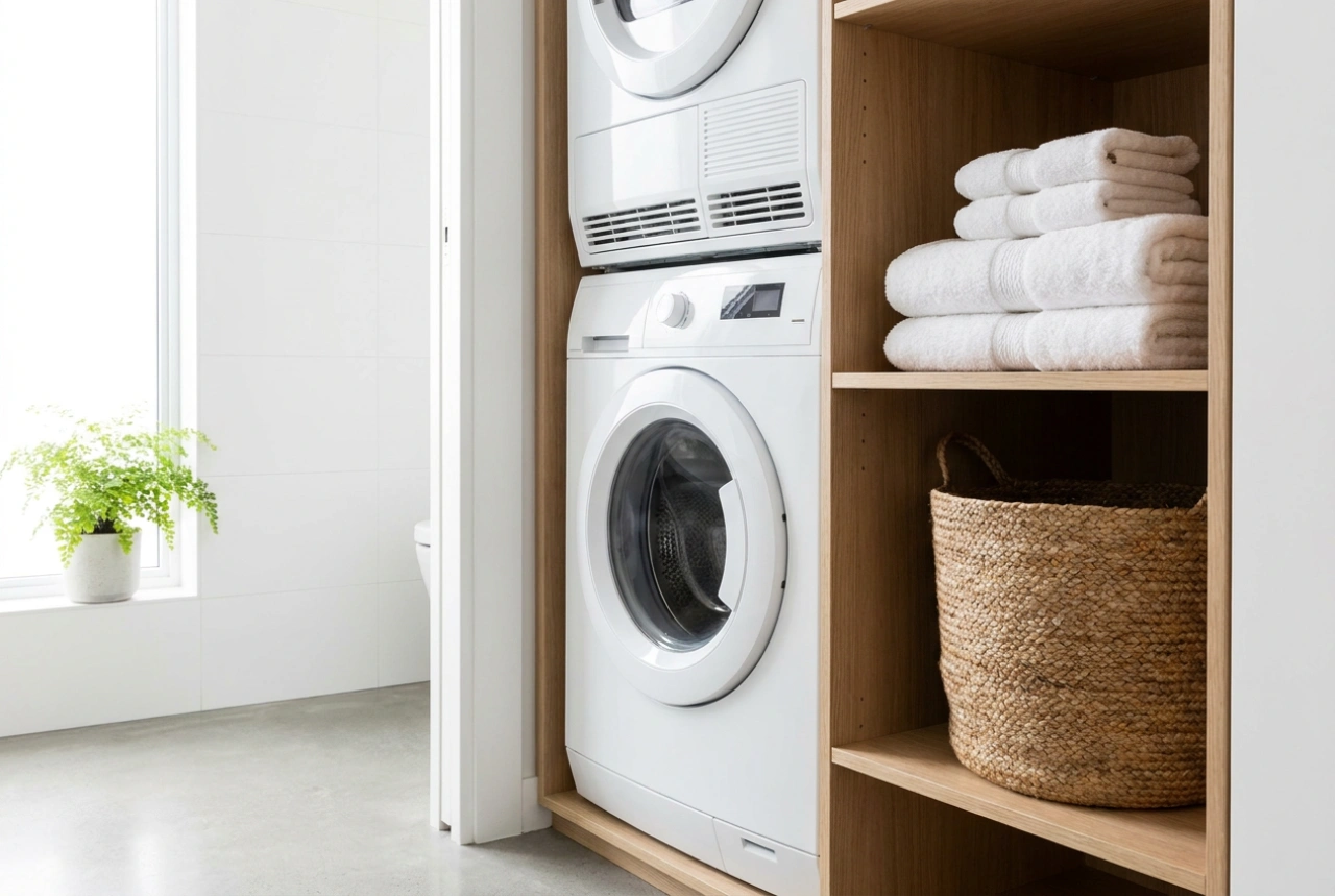 Lavadora y secadora en un baño pequeño sin caos ni humedad