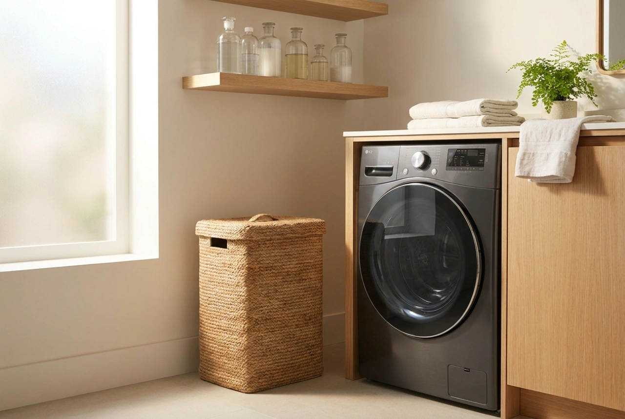 Lavadora en un baño pequeño con espacio para el cesto y los detergentes